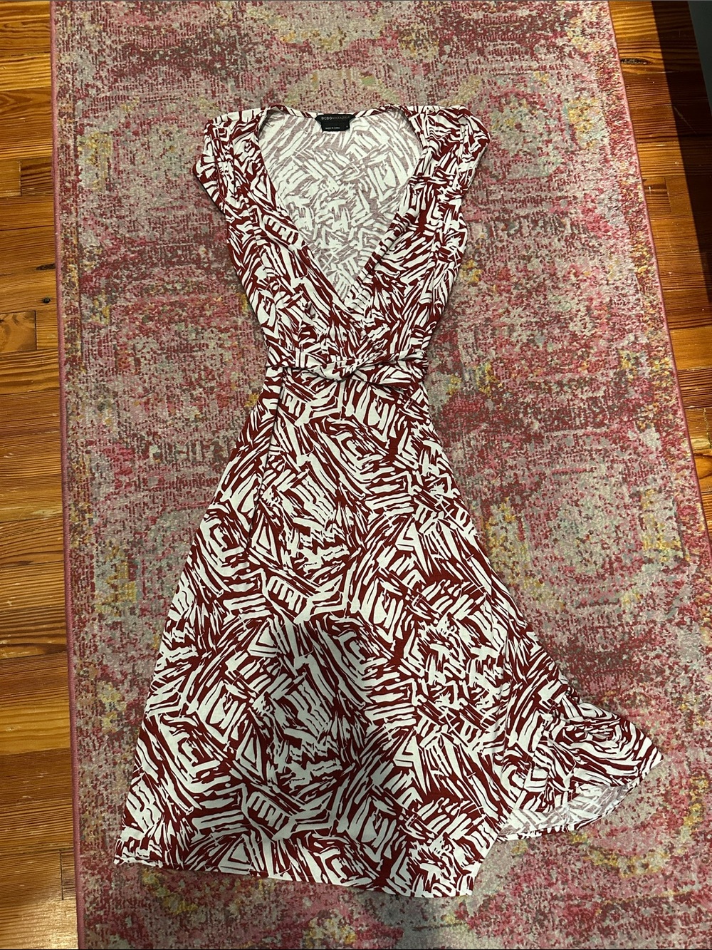 BCBGMaxAzria Red and White Printed Midi Wrap Dress